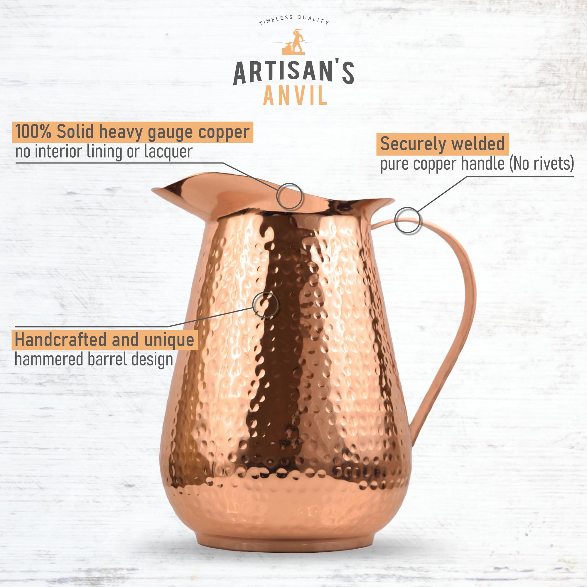 Artisan's Anvil pitcher handle detail shows welded pure copper grip and durability.