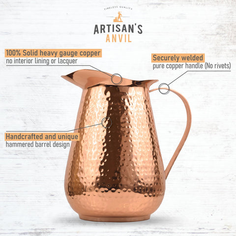 Artisan's Anvil pitcher handle detail shows welded pure copper grip and durability.