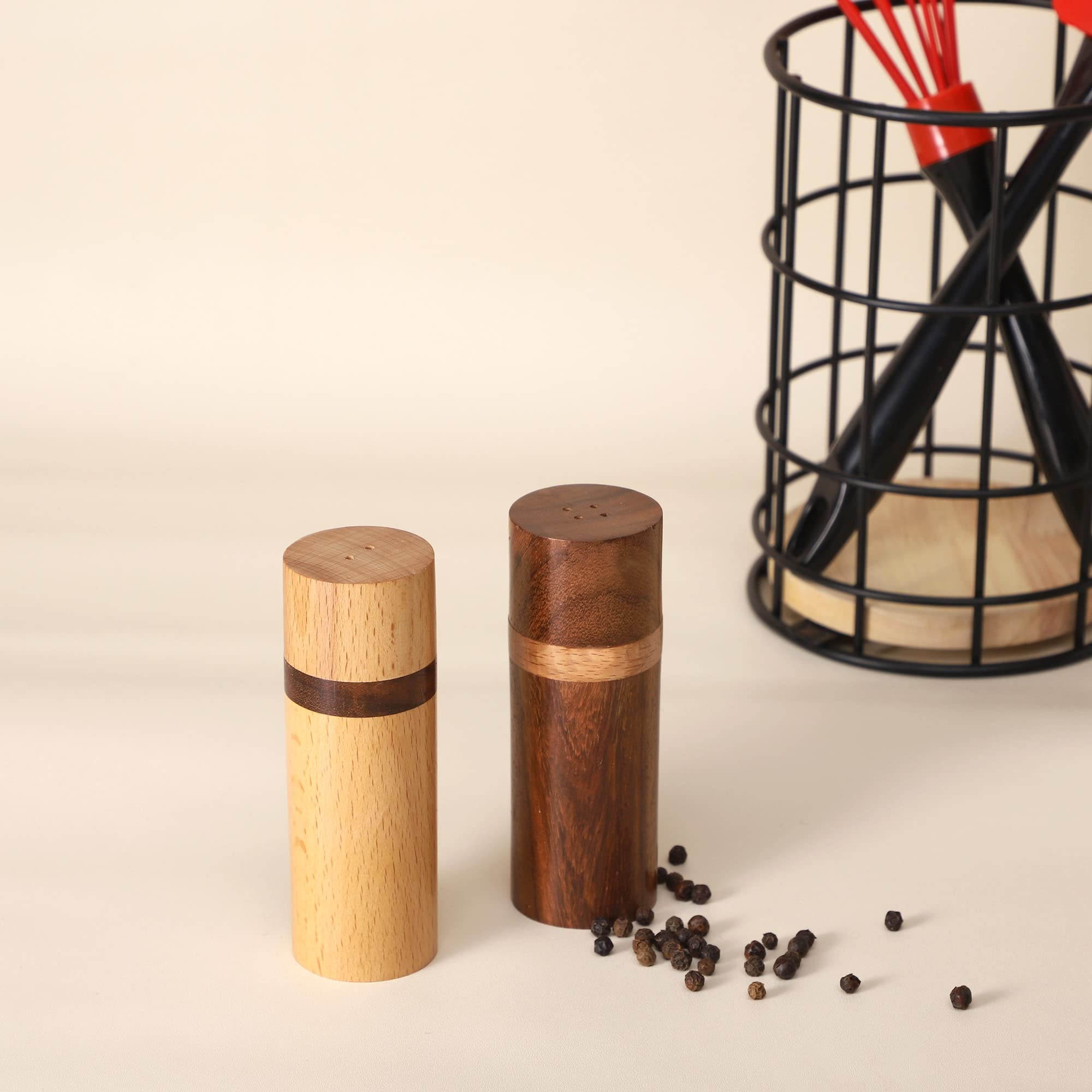 Artistic India tabletop presentation enhances dining with natural wood contrast.