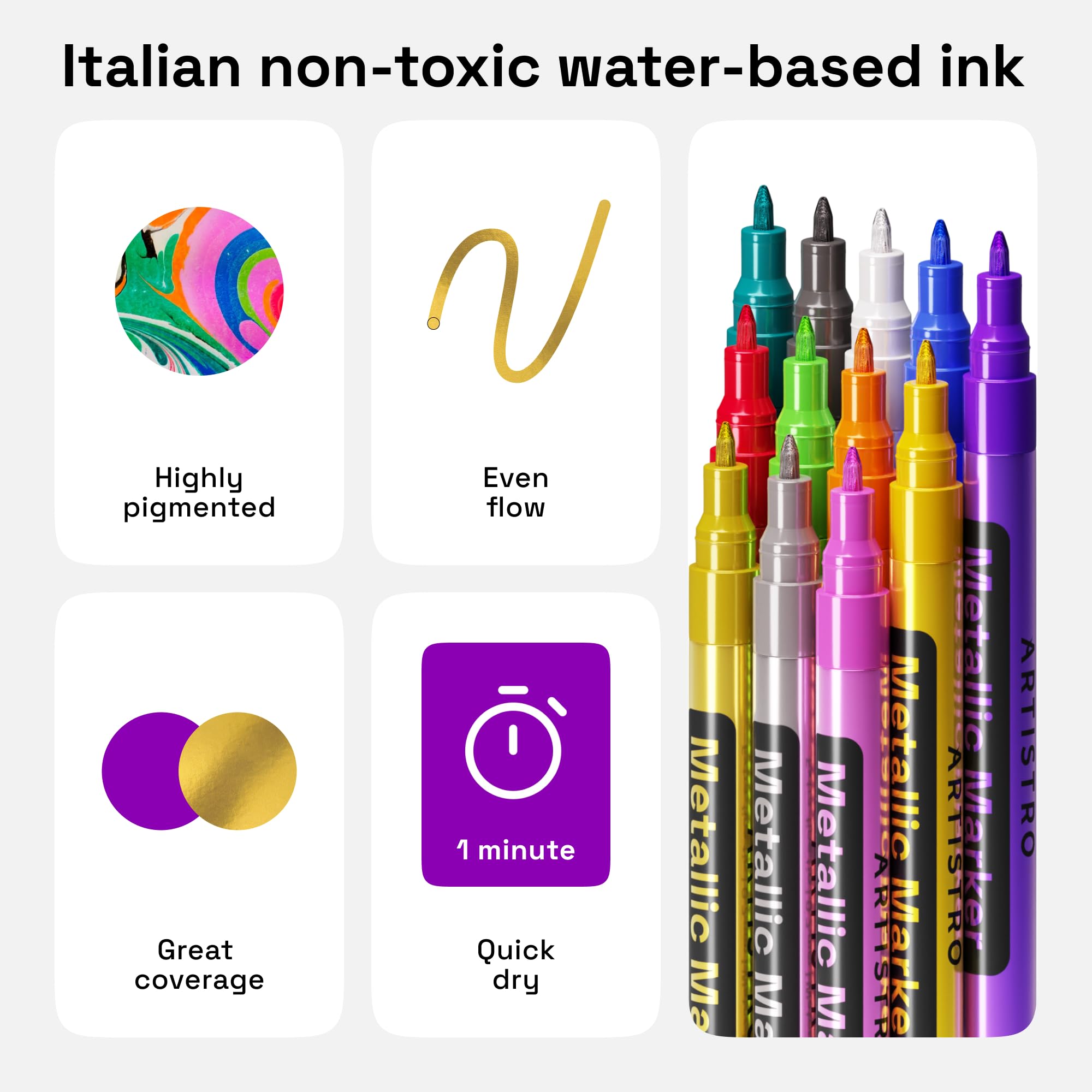 ARTISTRO 12 metallic paint pens for fabric crafting with bold, lasting accents.