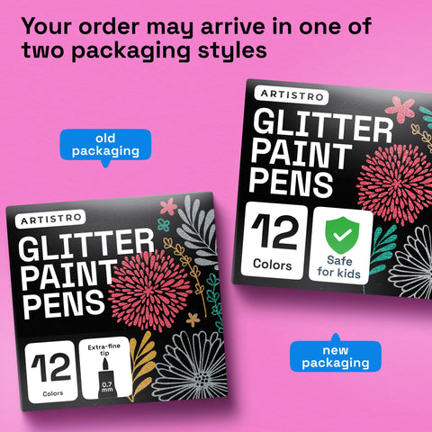 ARTISTRO glitter markers on black and white paper create dual-tone effects.