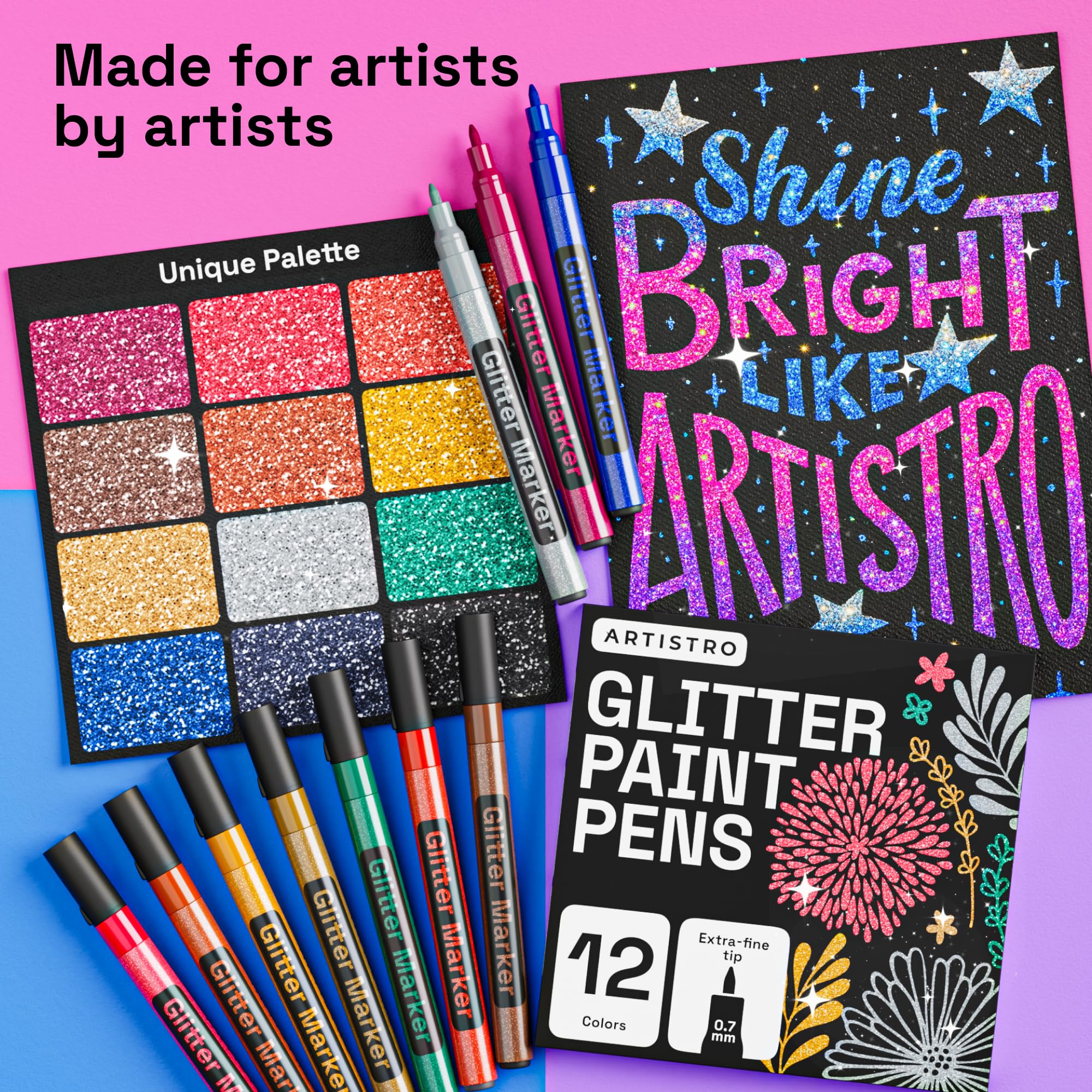ARTISTRO glitter ink flow close-up demonstrates smooth delivery for precise lettering.