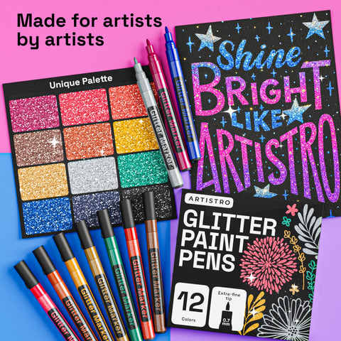 ARTISTRO glitter ink flow close-up demonstrates smooth delivery for precise lettering.