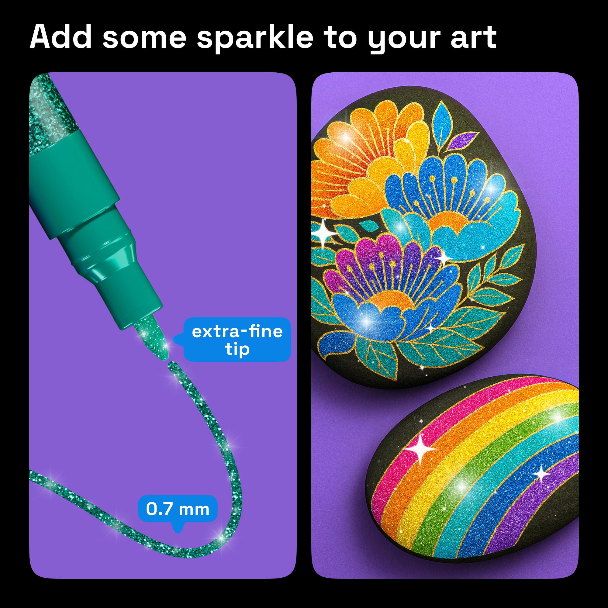 ARTISTRO glitter pen on glass marking with vivid decorative accents.