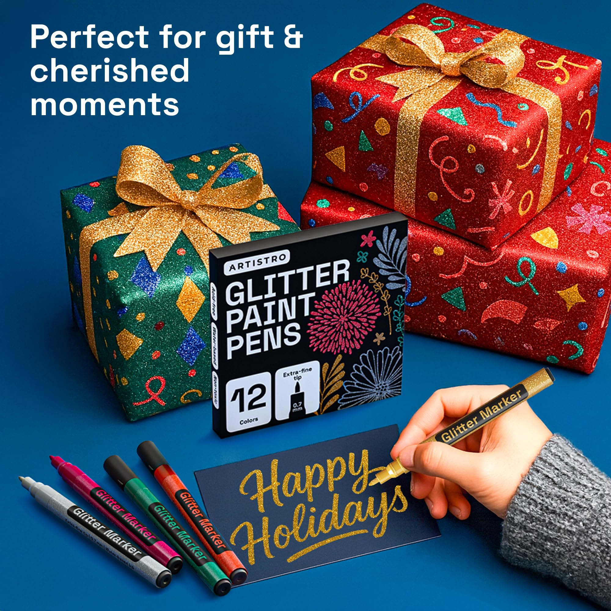 ARTISTRO glitter pens on fabric showing bright, washable shine.