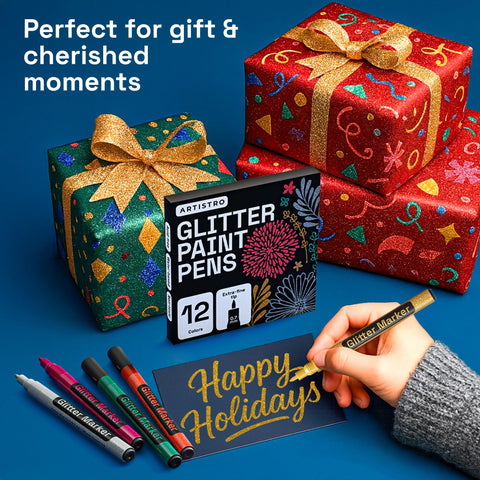 ARTISTRO glitter pens on fabric showing bright, washable shine.