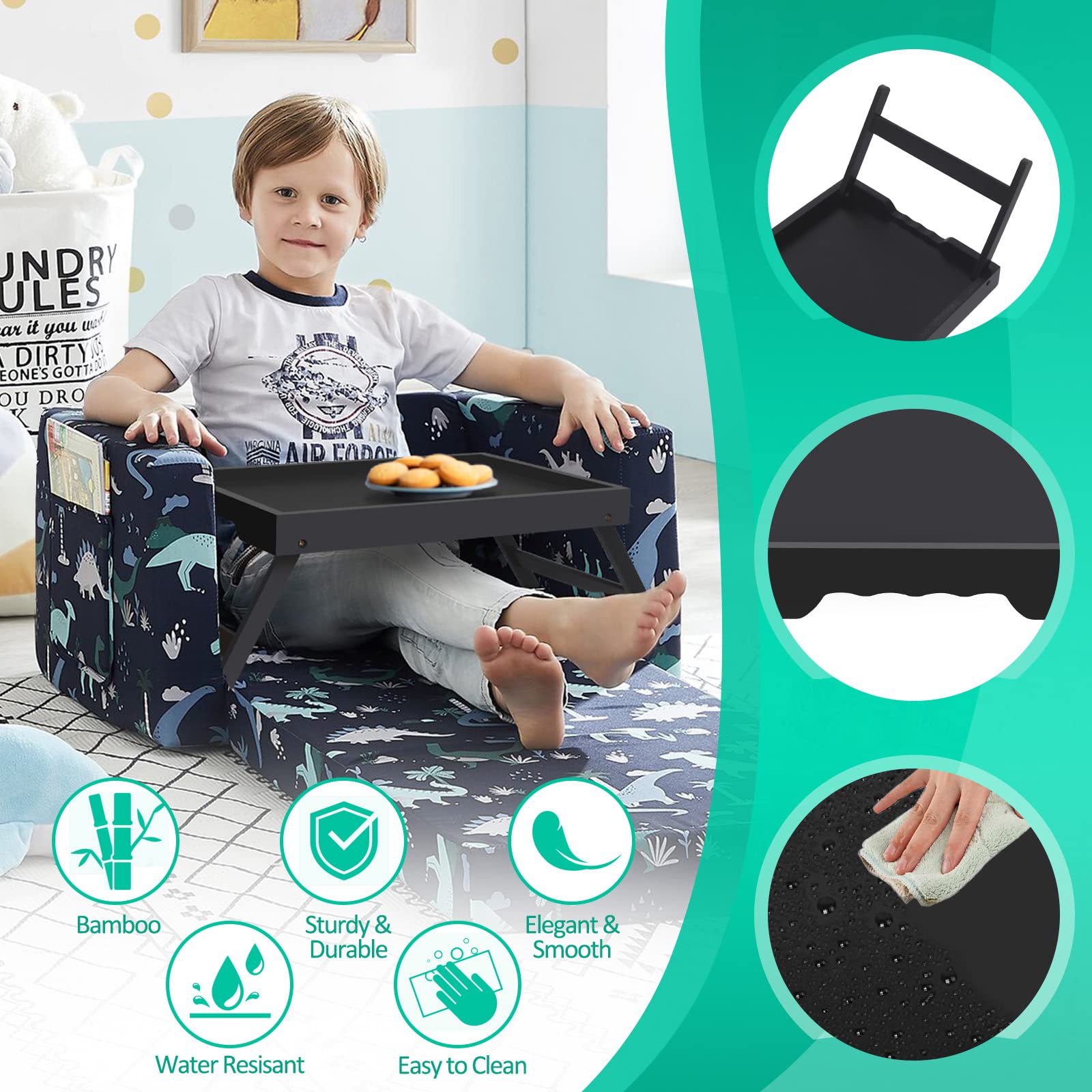 Artmeer bed tray table opened to a spacious surface for meals or work.