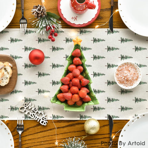 Artoid Mode beige Xmas Tree table runner, close-up stitched, shows durable polyester fabric.
