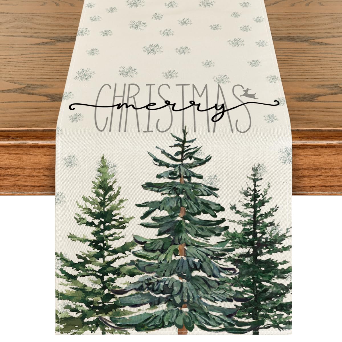 Artoid Mode beige pine tree snowflake table runner enhances seasonal dining.