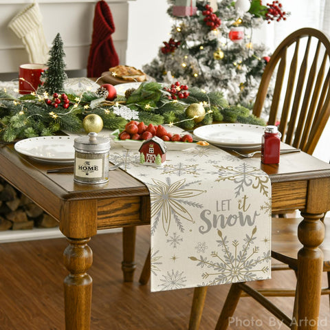 Close-up of Artoid Mode beige snowflake runner stitching and fabric quality