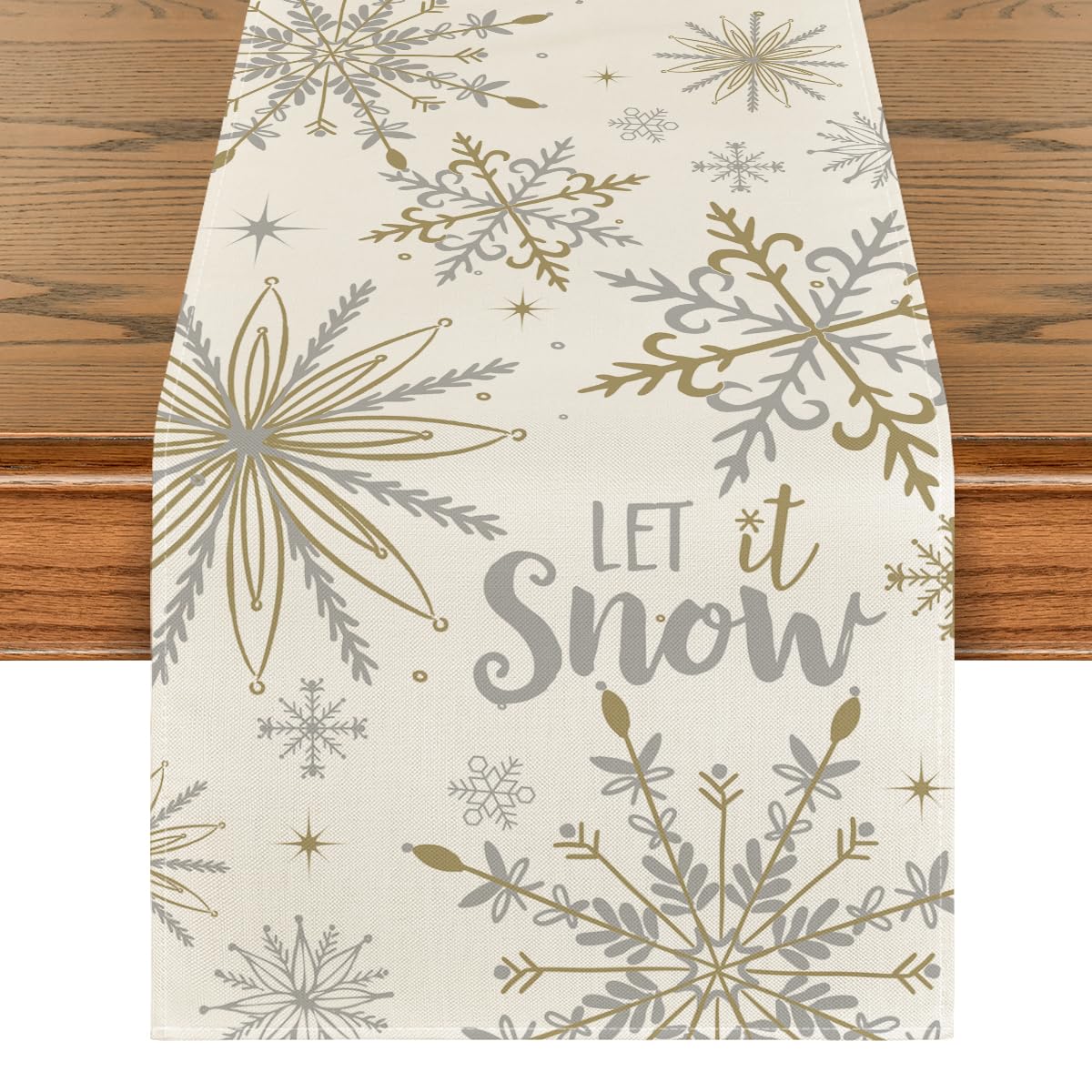 Artoid Mode beige snowflake table runner on a stylish dining table showing festive charm