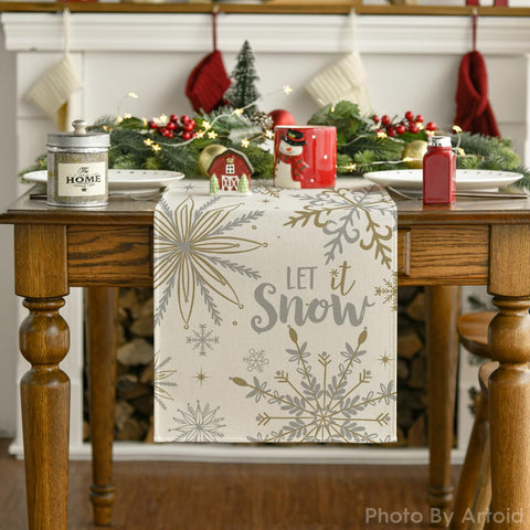 Soft, washable polyester fabric on Artoid Mode beige snowflake table runner.