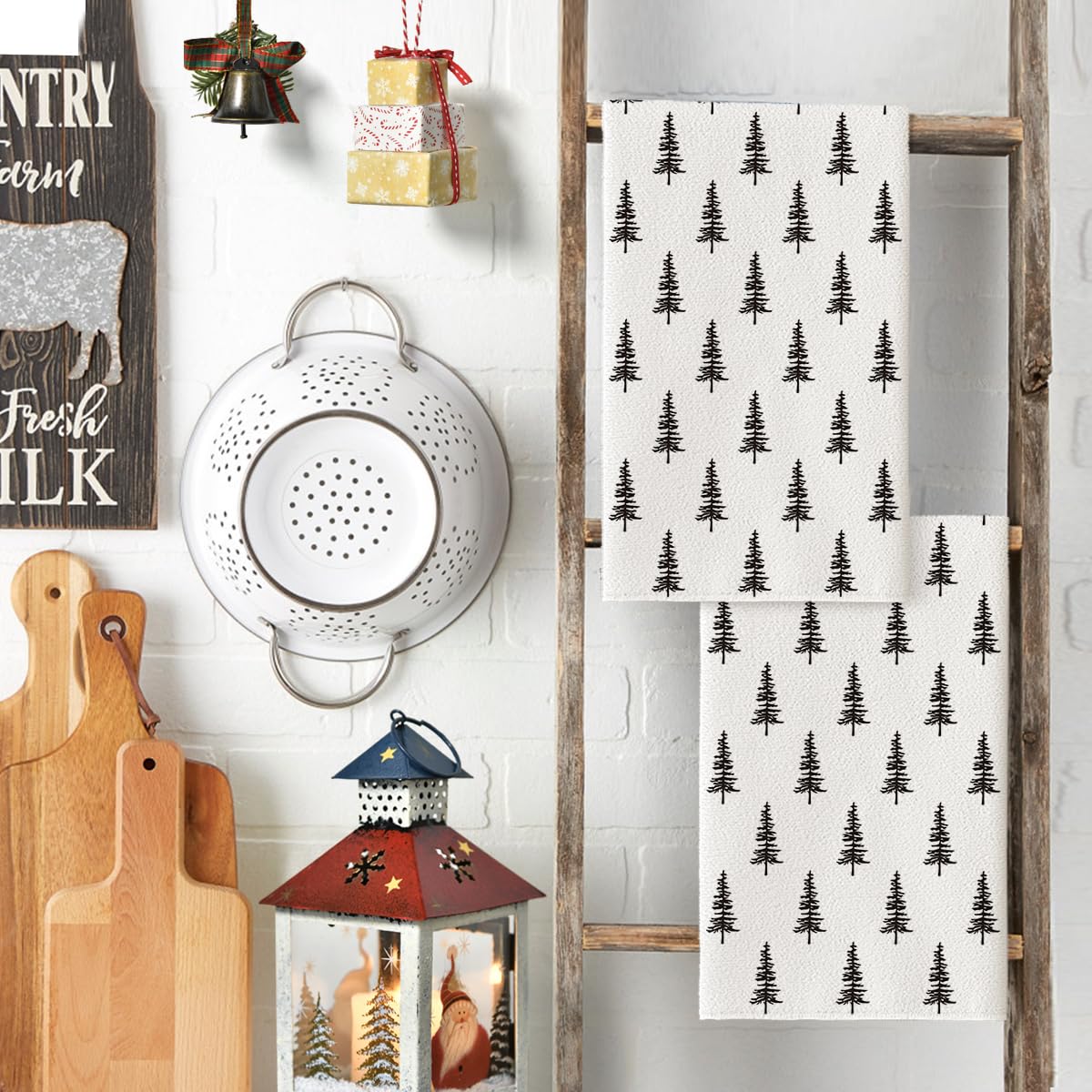 Beige Xmas tree design towel ideal for drying dishes and wiping counters