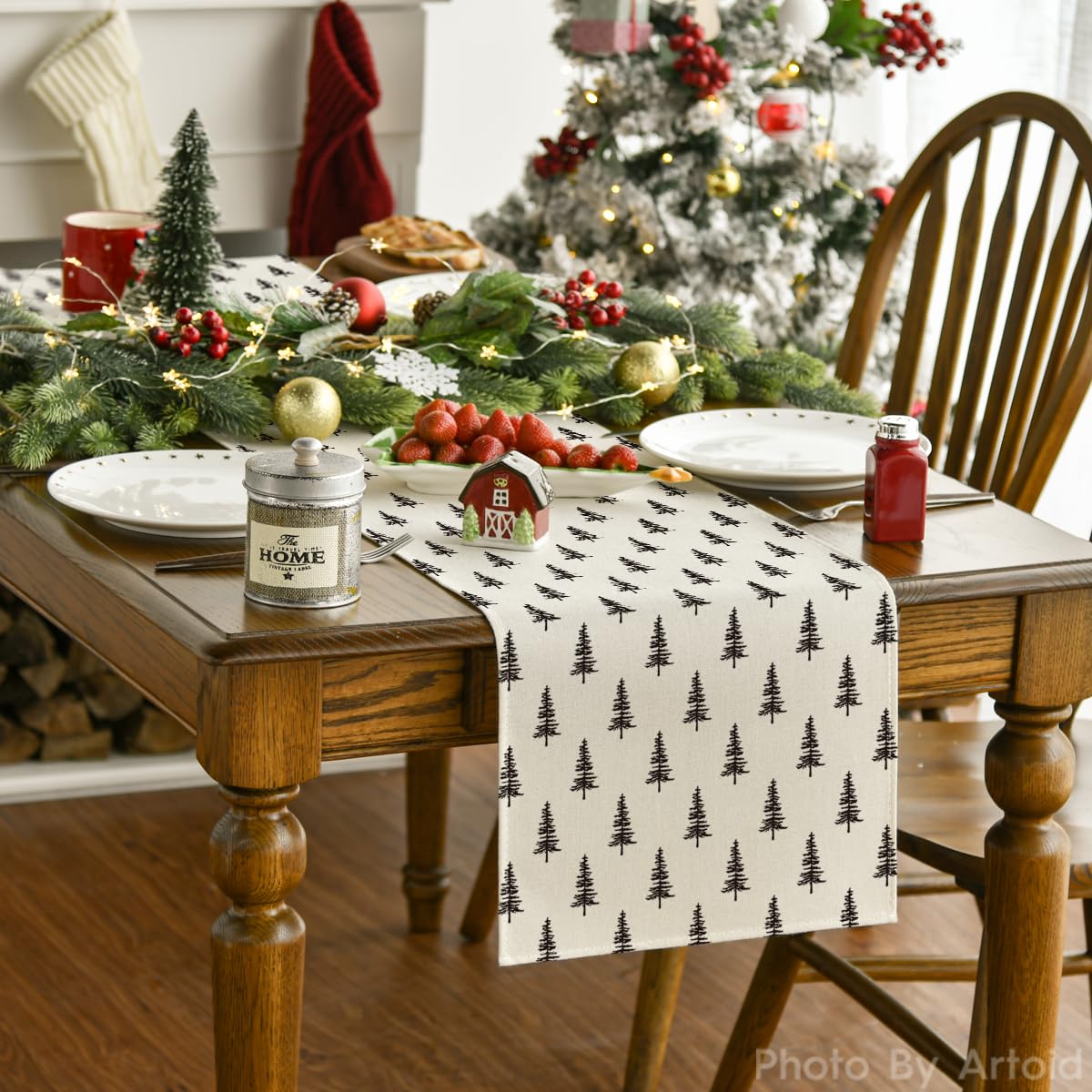 Artoid Mode beige Xmas Tree Runner on dining table set for a cozy holiday mood.