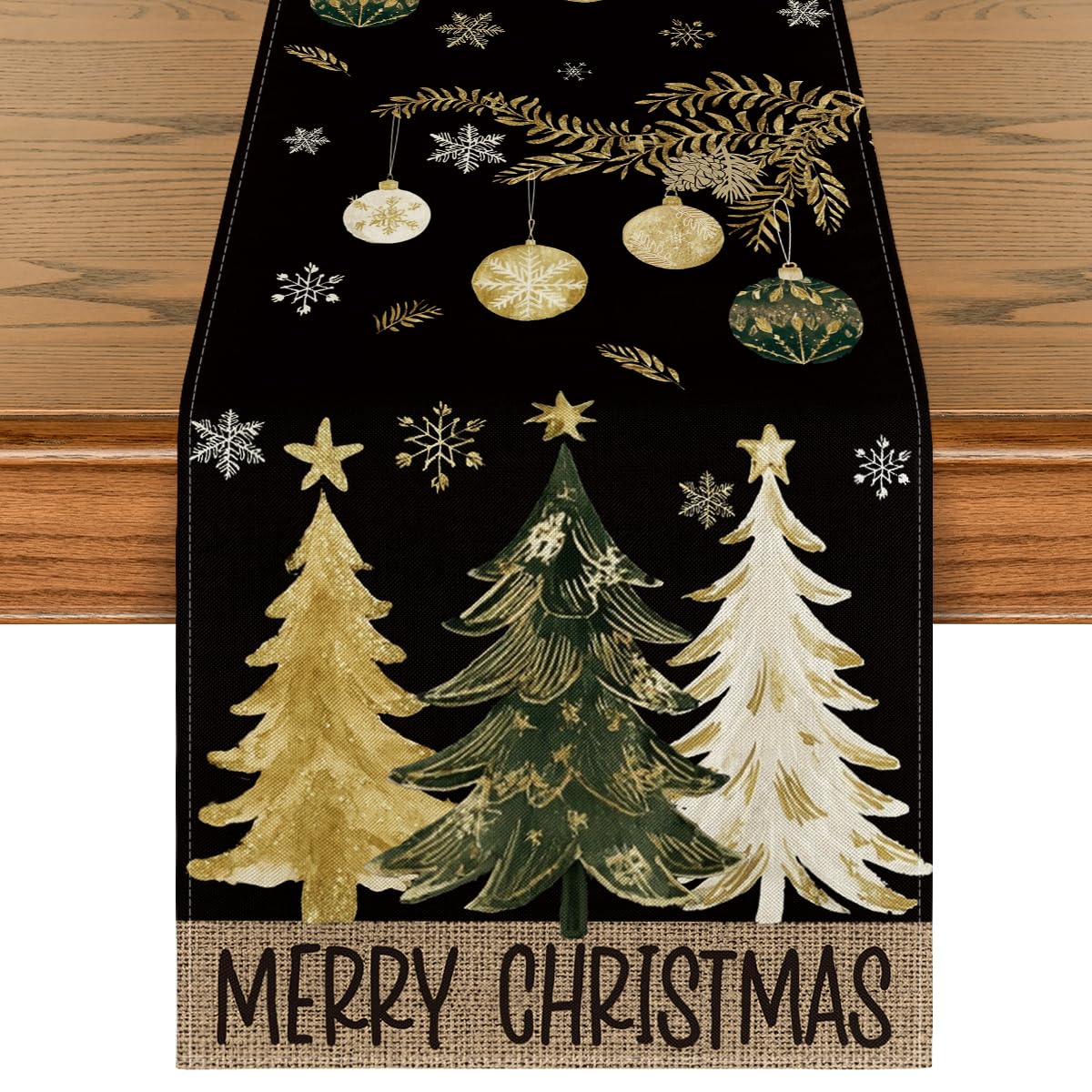 Artoid Mode table runner with black pine trees snowflake pattern adds festive flair.