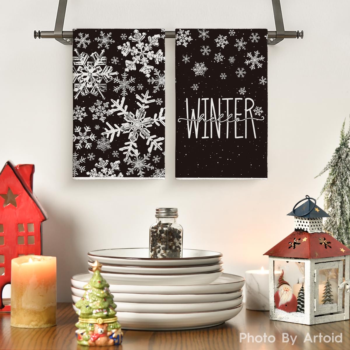 Artoid Mode Black Snowflake Kitchen Towels close-up fabric texture and softness
