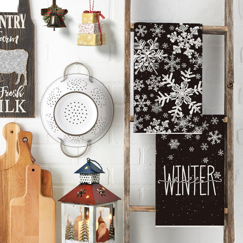 Artoid Mode Black Snowflake Towels set display two-pack for holiday cleaning