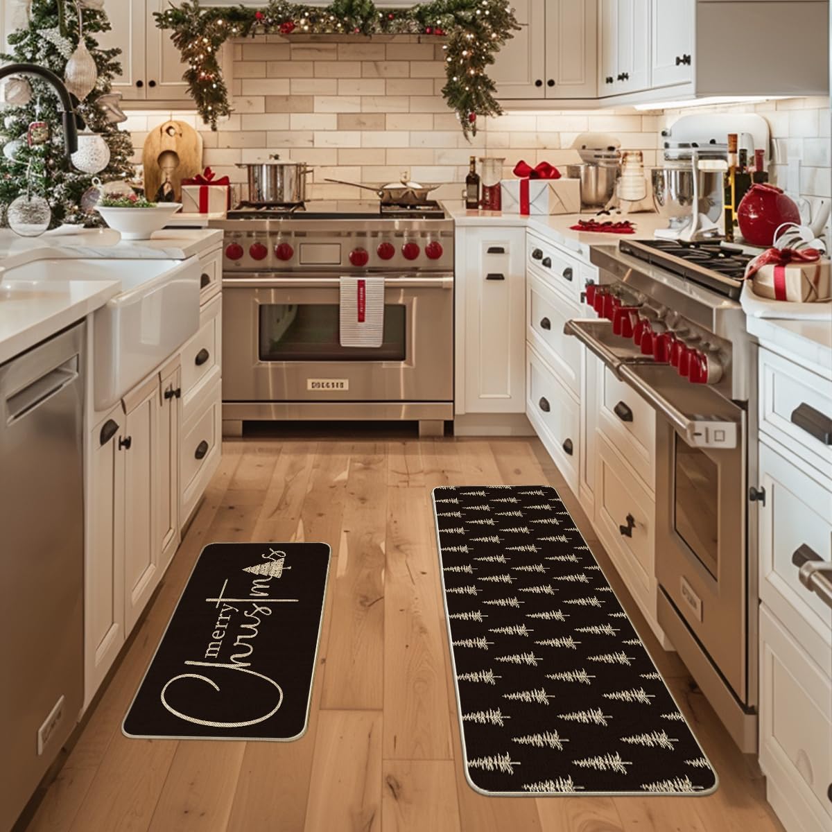 Artoid Mode black Xmas Tree kitchen mats 17x47 with extended coverage and decor