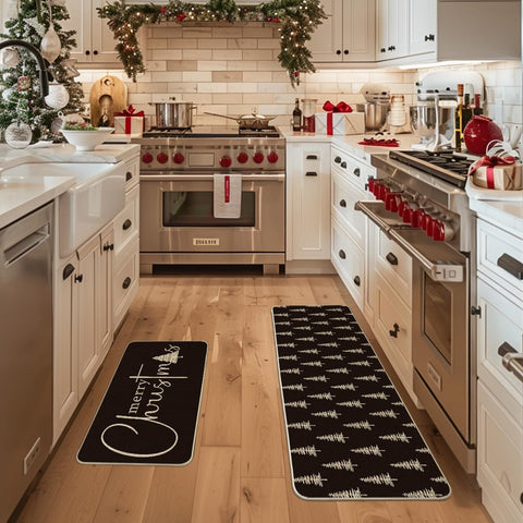 Artoid Mode black Xmas Tree kitchen mats 17x47 with extended coverage and decor