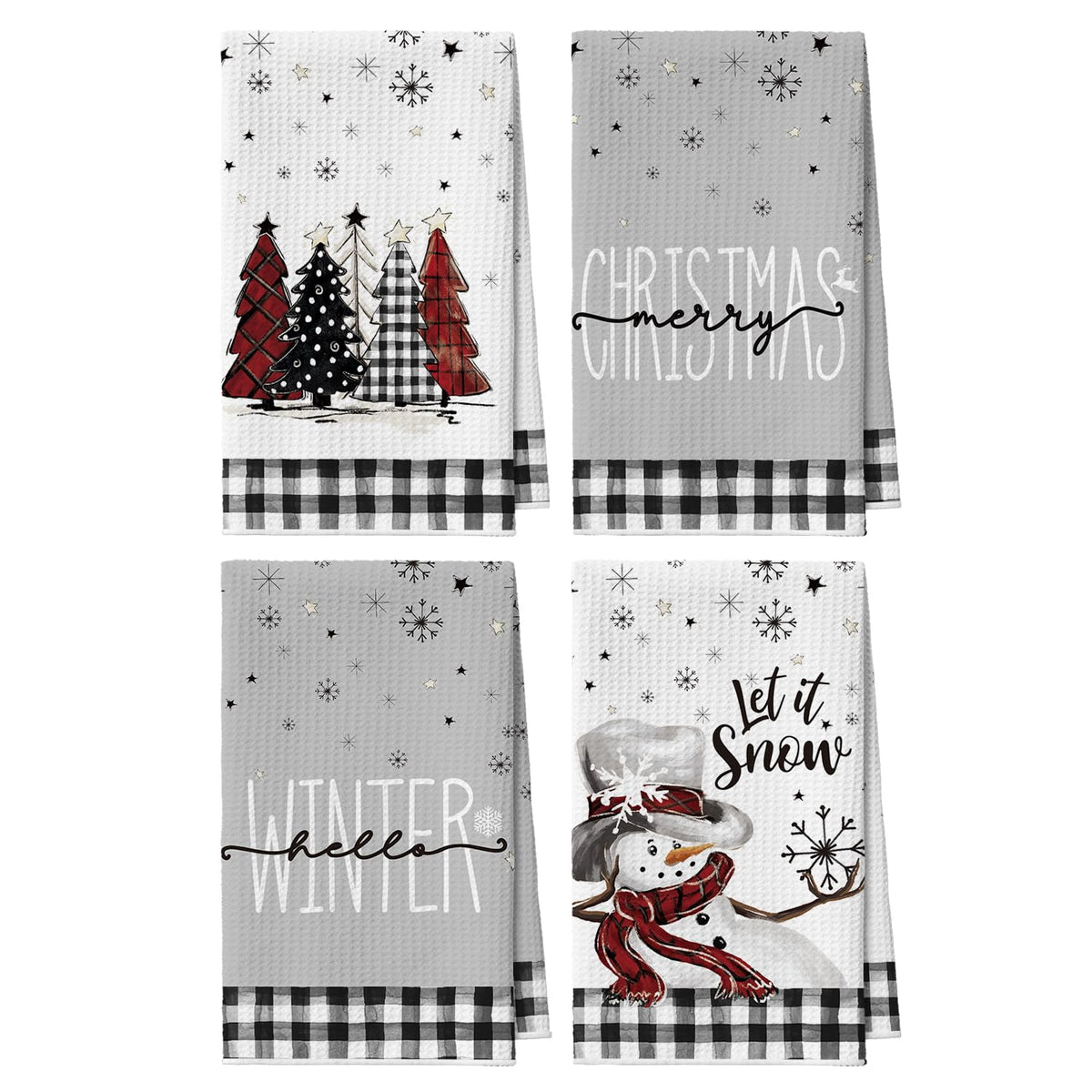 Artoid Mode Black Xmas Tree Snowman towel close-up showing festive design for kitchen drying