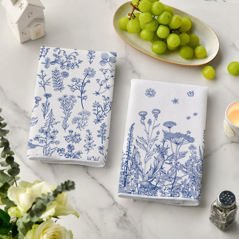 Artoid Mode blue antique herbs wild flowers towels closeup shows plush, absorbent fabric.