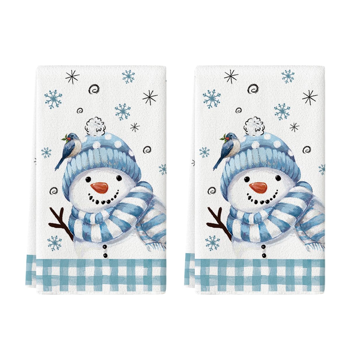 Artoid Mode towels with blue buffalo plaid bird snowman design offer cozy kitchen decor and quick drying.