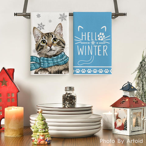 Artoid Mode Blue Cat Hello Winter towel in kitchen for cleanup