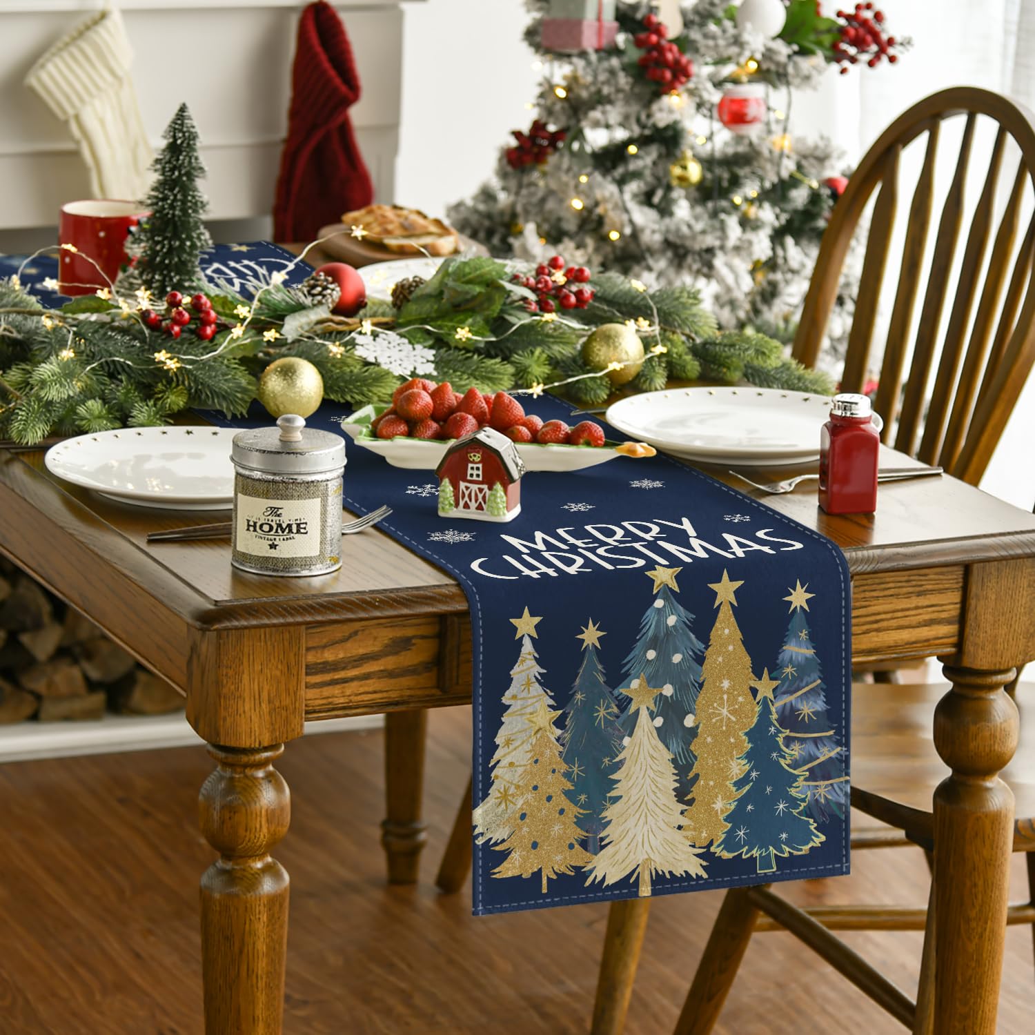 Artoid Mode blue holiday pattern table runner brightens kitchen and dining spaces.