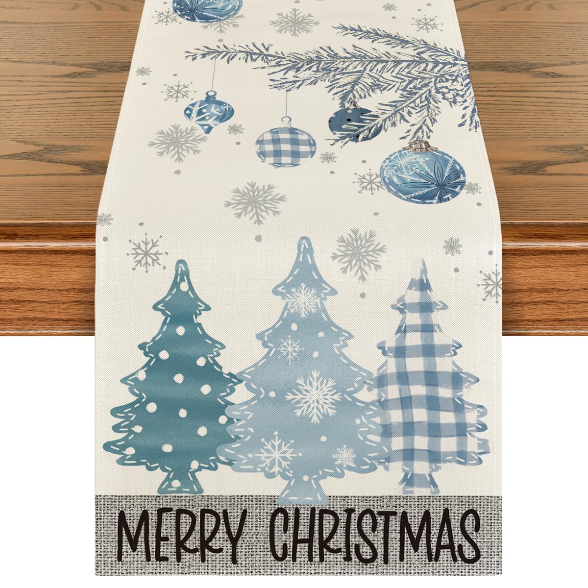 Artoid Mode Blue Pine Trees table runner sets a festive dining mood and protects surfaces.