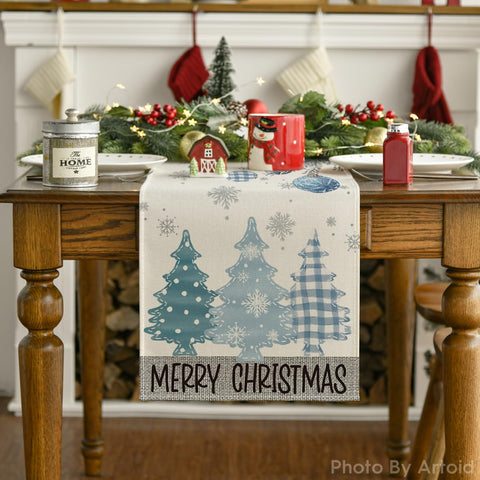 Artoid Mode Blue Pine Trees table runner on a dining table in use.