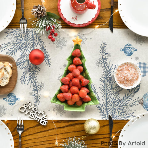 Artoid Mode blue pine trees table runner fabric detail reveals soft polyester weave