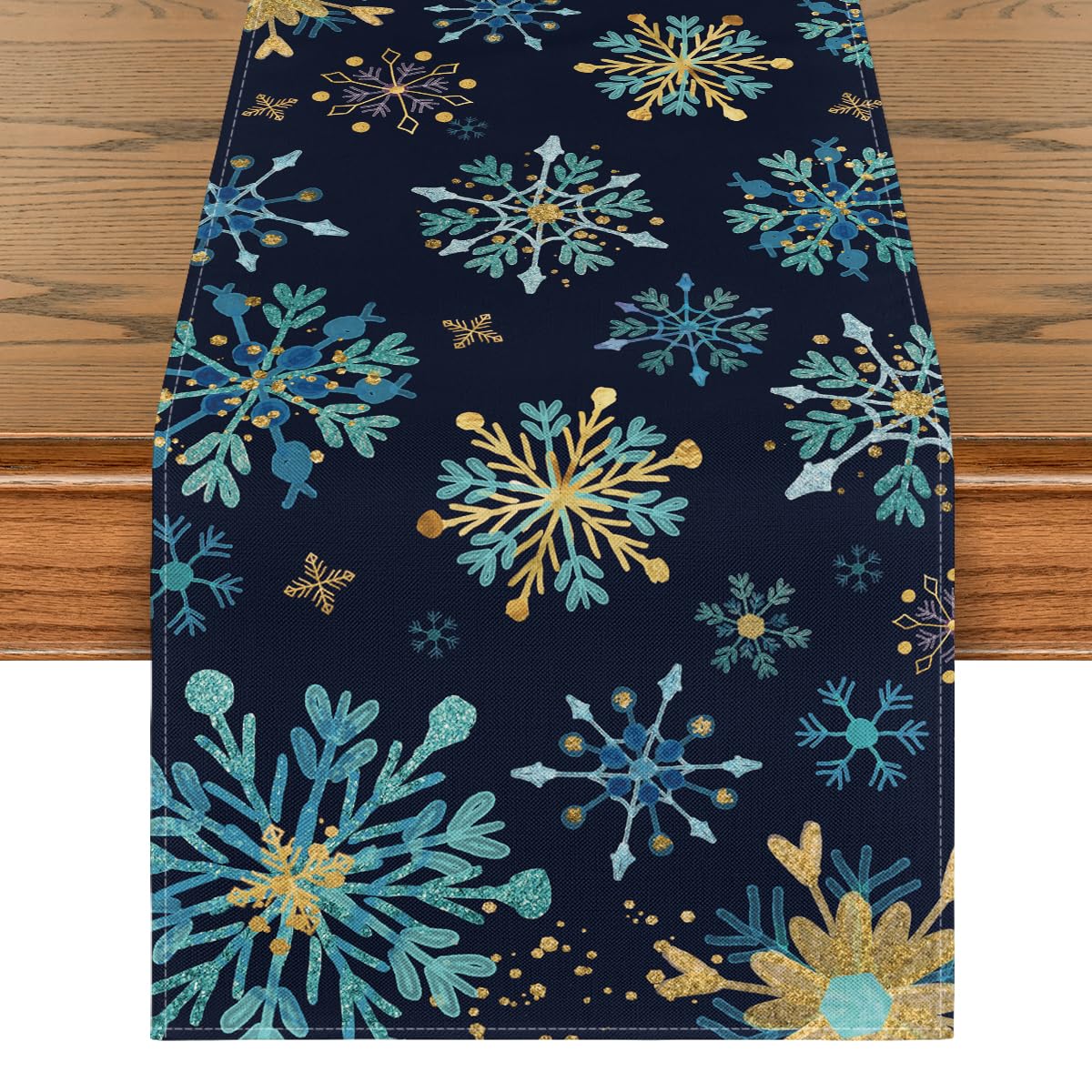 Artoid Mode blue snowflakes hexagon table runner adds festive table decor.