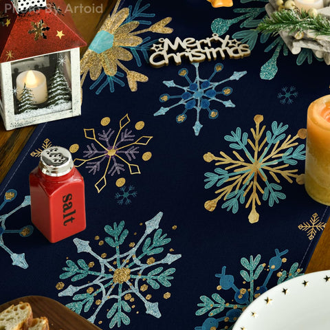 Artoid Mode blue snowflakes hexagon table runner in a dining setup.