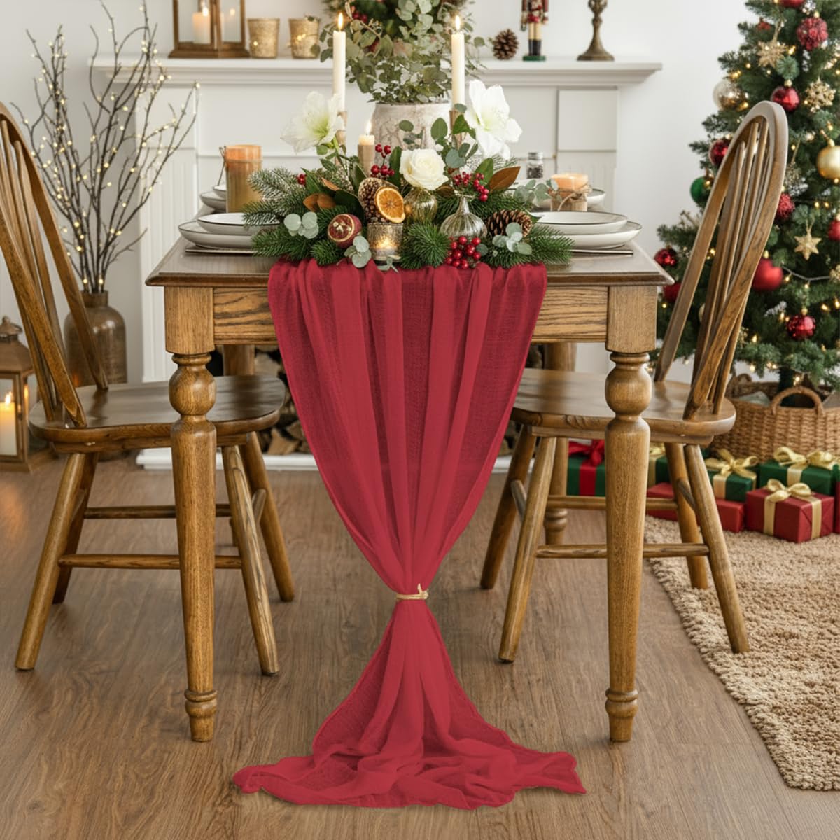 Artoid Mode boho red cheesecloth table runner enhances festive dining and long-table setups.