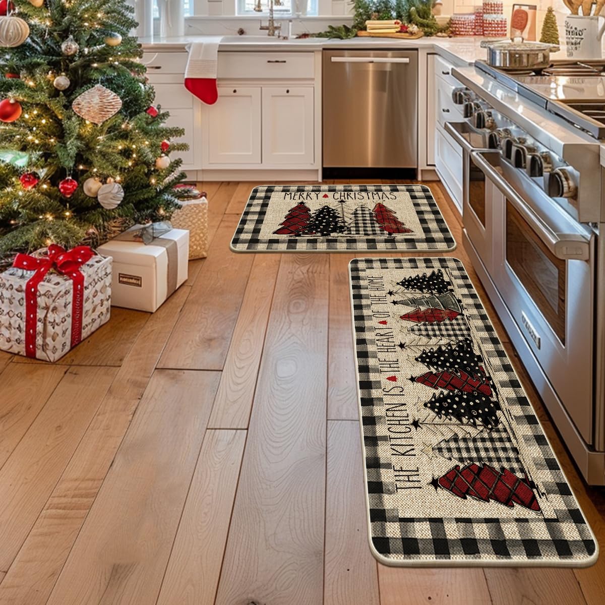 Artoid Mode buffalo plaid Christmas mats 24x59 cover wider prep area while brightening the kitchen.