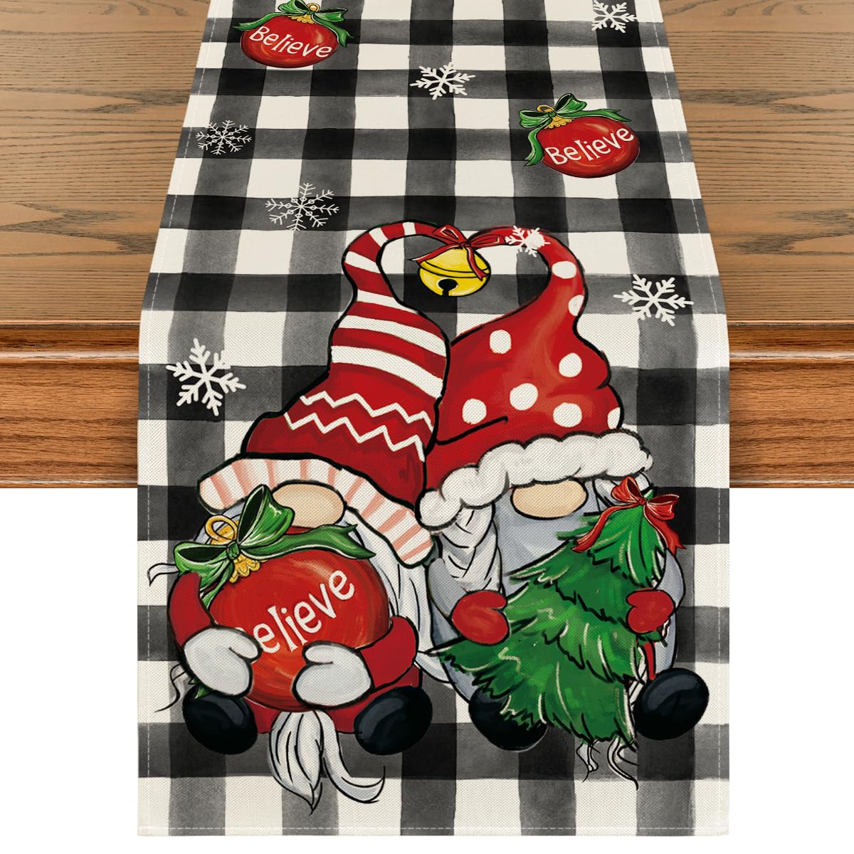 Artoid Mode buffalo plaid gnome bell highlights festive table decor with cozy, playful charm.