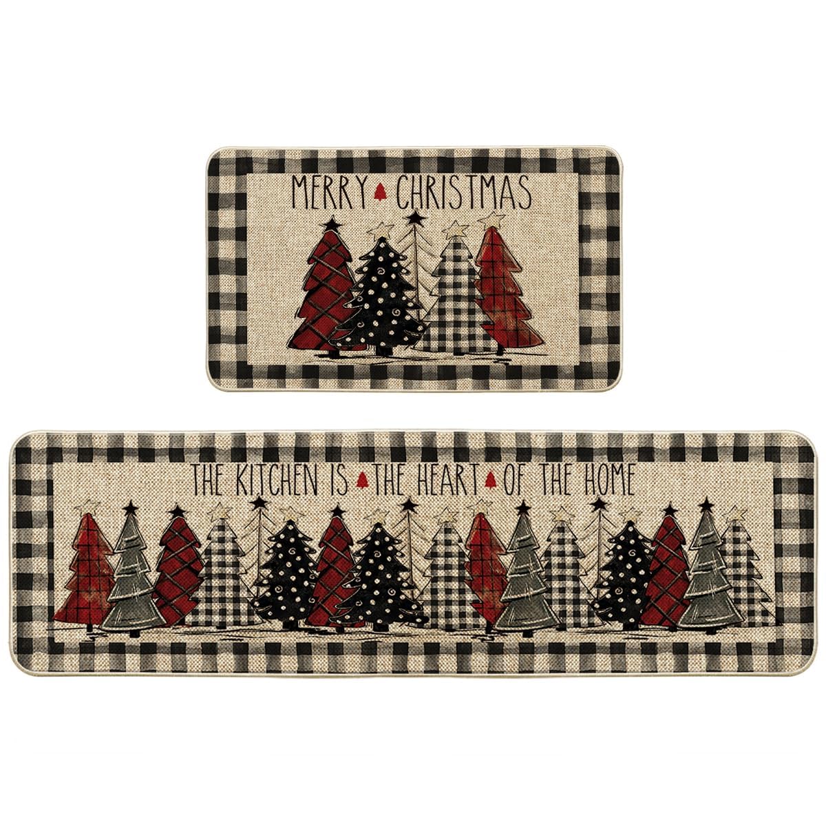 Artoid Mode buffalo plaid kitchen mat front view enhances festive decor and floor protection.