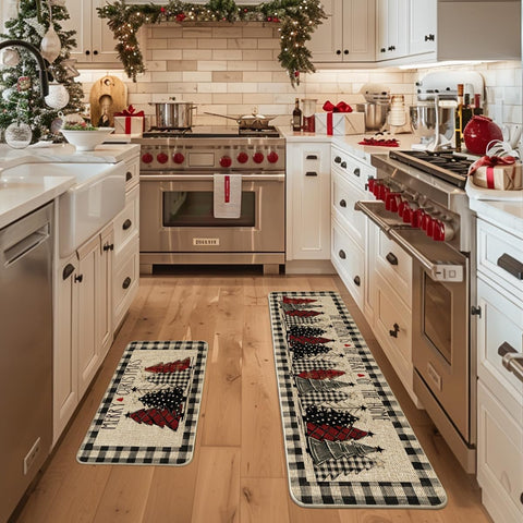 Artoid Mode buffalo plaid kitchen mats set shown in 17x29 and 17x59 for versatile placement.