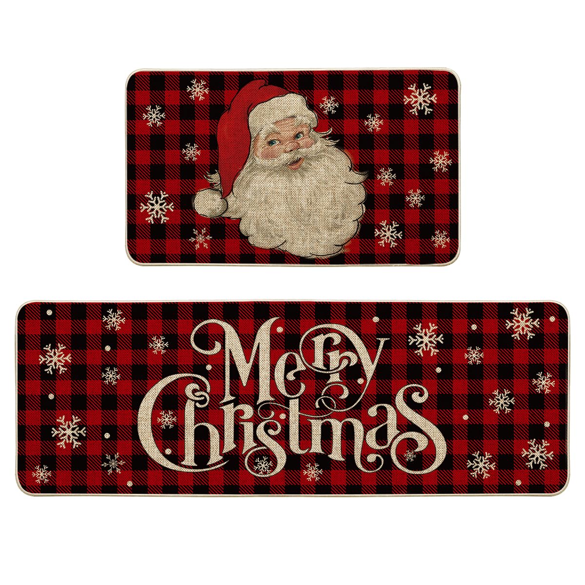 Artoid Mode buffalo plaid Santa kitchen mat, front view, adds festive decor and floor protection.