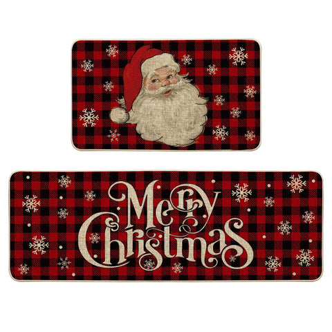 Artoid Mode buffalo plaid Santa kitchen mat, front view, adds festive decor and floor protection.