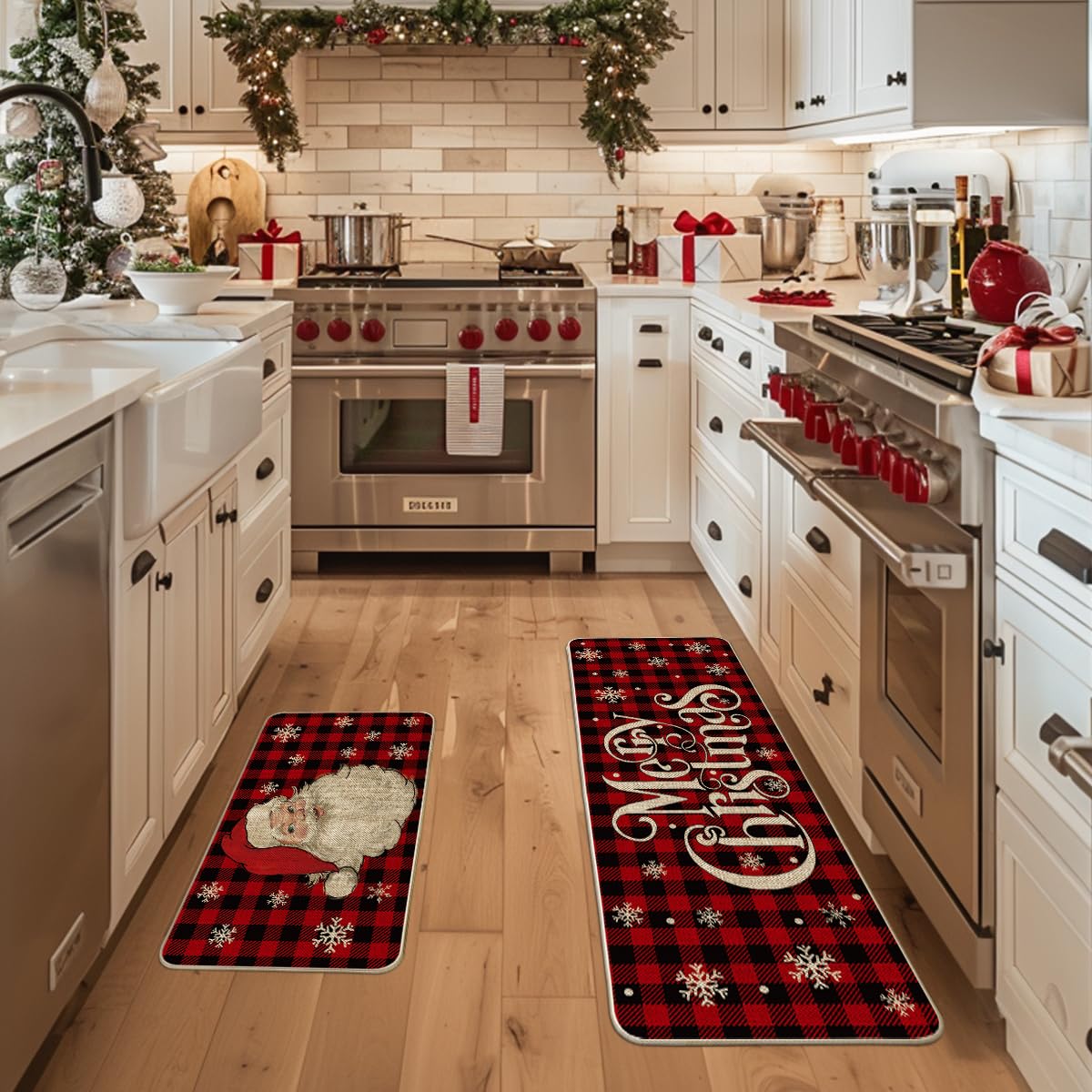 Artoid Mode buffalo plaid Santa mat 17x47, front view with wide coverage and non-slip potential.