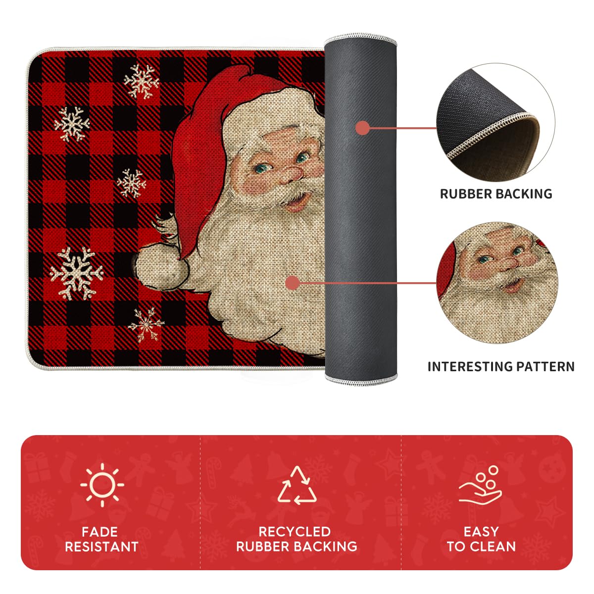 Artoid Mode buffalo plaid Santa kitchen mat in entryway, easy to rinse clean.