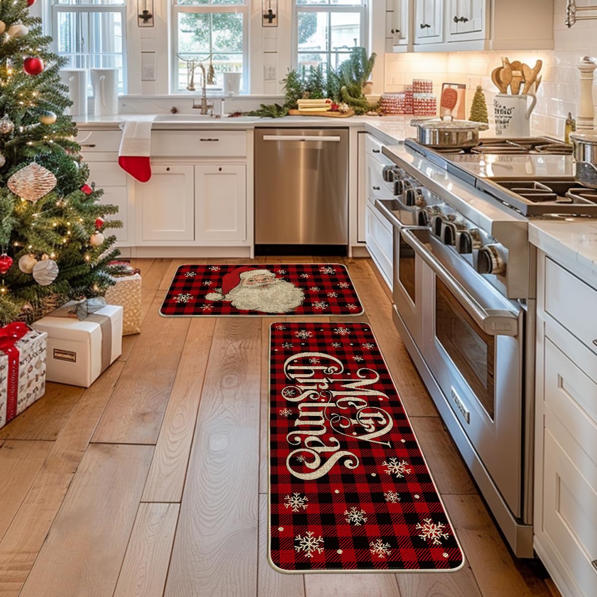 Artoid Mode buffalo plaid Santa kitchen mat with non-slip back, secure positioning.