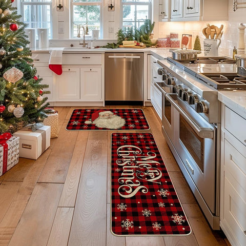 Artoid Mode buffalo plaid Santa kitchen mat with non-slip back, secure positioning.