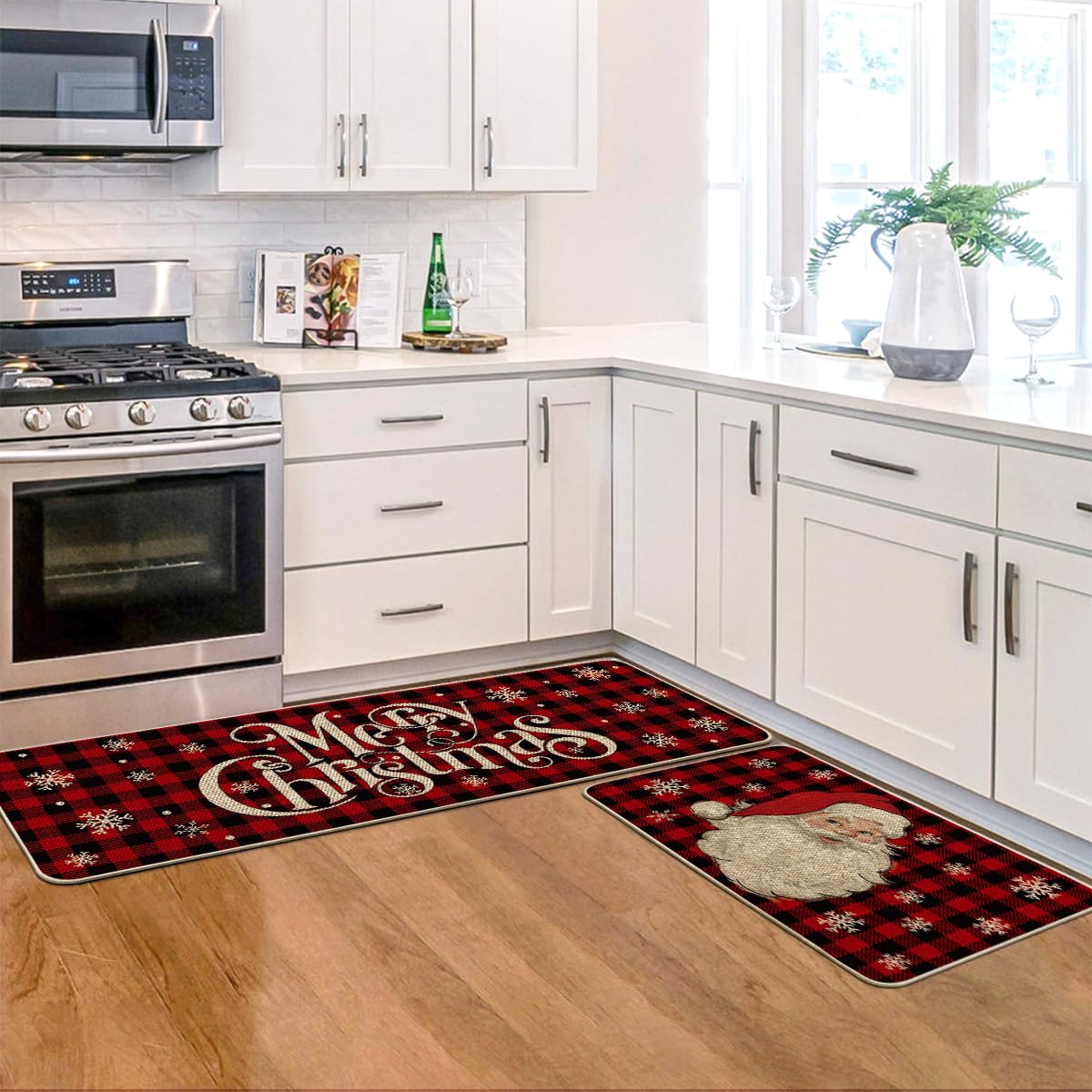 Artoid Mode buffalo plaid Santa kitchen rug set of 2 display, versatile for multiple spaces.