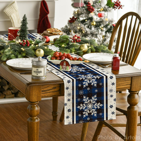 Artoid Mode buffalo plaid snowflakes blue runner on dining table for seasonal ambiance