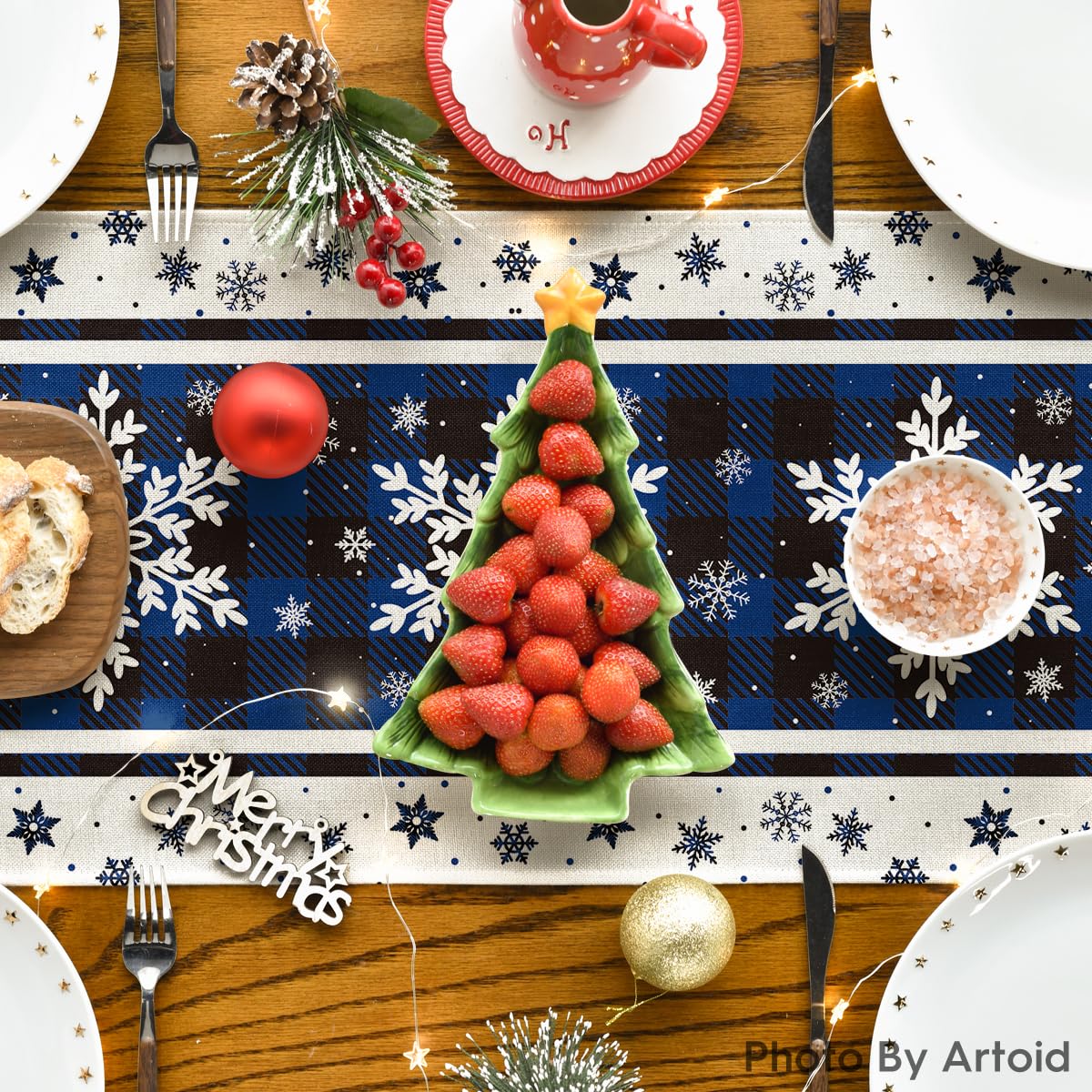 Artoid Mode table runner draped across table protecting surfaces during holidays
