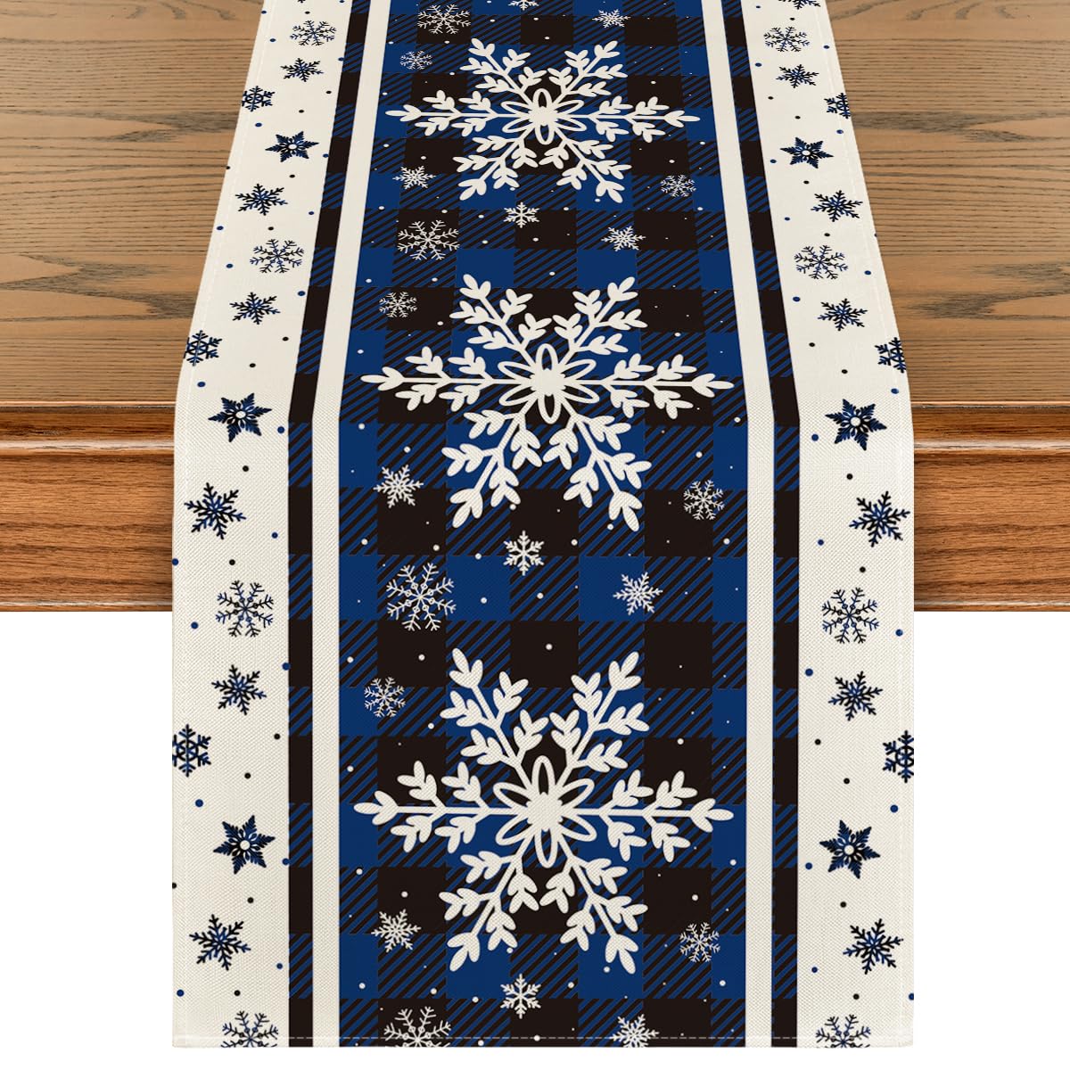 Artoid Mode buffalo plaid snowflakes blue table runner, front view for festive dining decor