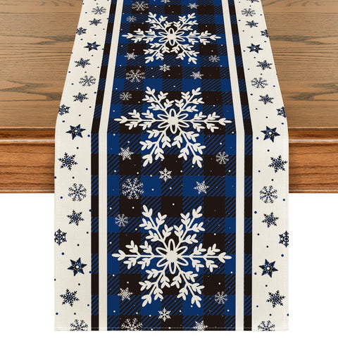 Artoid Mode buffalo plaid snowflakes blue table runner protects table from spills.