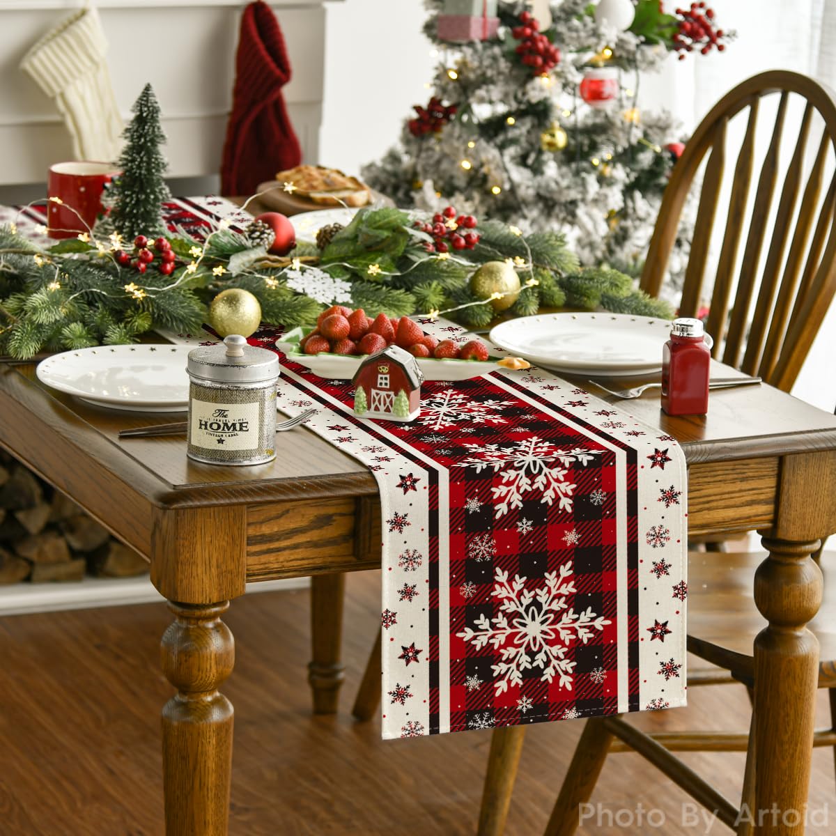 Artoid Mode buffalo plaid snowflakes table runner protects surfaces during meals